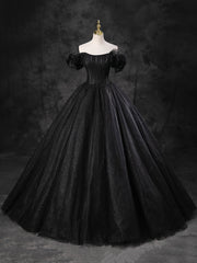 Black Sparkly Tulle Off the Shoulder Long Formal Dress, Elegant A-Line Black Evening Party Dress