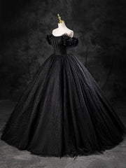 Black Sparkly Tulle Off the Shoulder Long Formal Dress, Elegant A-Line Black Evening Party Dress