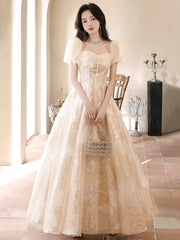 Champagne Tulle Floor Length Prom Dresses, Cute Short Sleeve Evening Dresses