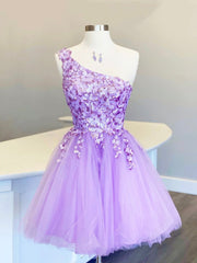 Cute Tulle Sequins Short Prom Dresses, Purple One Shoulder Party Dresses