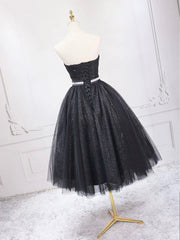 Black Shiny Tulle Tea Length Prom Dress, Black Strapless A-Line Party Dress