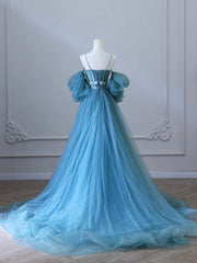 Fairy Blue Spaghetti Straps Corset Tulle Prom Dress, Detachable off Shoulder Party Dress