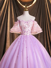 Purple Tulle Sequins Long Prom Dress, A-Line Off the Shoulder Evening Party Dress