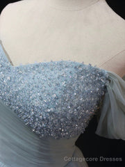 Dusty Blue Tulle Beaded Long Prom Dress, Off the Shoulder A-Line Evening Party Dress