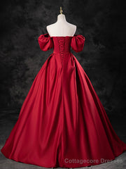 Burgundy Satin Off the Shoulder Formal Dress, A-Line Burgundy Evening Dress