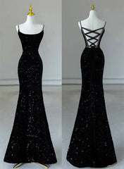 Black Mermaid Sequins Long Formal Dresses, Black Straps Long Evening Dresses