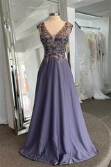 Lavender Plunging V Neck Sleeveless Beaded Appliques Long Formal Dresses