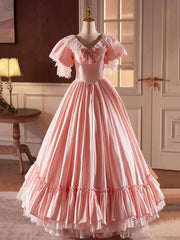 Pink Satin Lace Long Prom Dress, Beautiful A-Line V-Neck Evening Dress