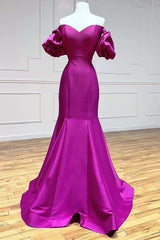 Magenta Satin Strapless Trumpet Long Prom Dresses