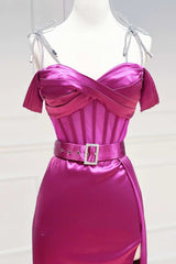 Magenta Sweetheart Belted A-Line Prom Dresses with Slit