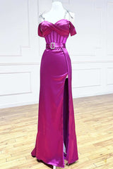 Magenta Sweetheart Belted A-Line Prom Dresses with Slit