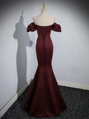 Maroon Satin Mermaid Off Shoulder Prom Dresses, Maroon Party Dresses