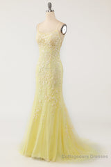 Mermaid Backless Yellow Lace Long Prom Dresses, Mermaid Yellow Formal Dresses, Yellow Lace Evening Dresses