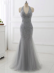 Mermaid Beading Formal Women Dresses Sexy Backless Gray Tassel Evening Dresses