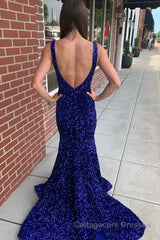 Mermaid Blue V-Neck Sequins Long Prom Dress