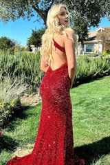 Mermaid Deep V Neck Burgundy Sparkly Long Sequins Prom Dress