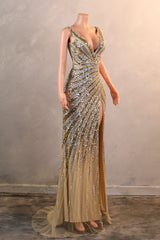 Mermaid Deep V Neck Golden Long Prom Dresses with Silt