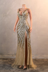 Mermaid Deep V Neck Golden Long Prom Dresses with Silt