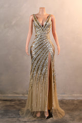 Mermaid Deep V Neck Golden Long Prom Dresses with Silt