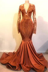 Mermaid Deep V-neck Long Sleeve Floor Length Chiffon Embroidery Prom Dresses