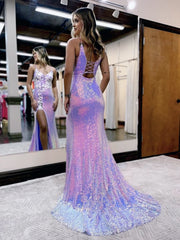 Mermaid Glitter Lavender Floral Long Prom Dress with Slit