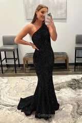 Mermaid Glitter Sexy One-Shoulder Long Prom Dress With Sequins