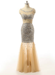 Mermaid Golden Beading Sequins Backless Tulle Formal Prom Dresses