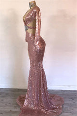 Mermaid Gorgeous Sequins V-Neck Long-Sleeves Side-Slit Prom Dresses