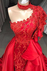 Mermaid High Neck One Shoulder Floor-length Half Sleeve Appliques Lace With Side Train Prom Dresses