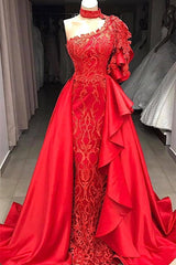 Mermaid High Neck One Shoulder Floor-length Half Sleeve Appliques Lace With Side Train Prom Dresses