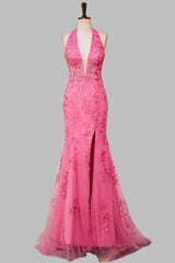 Mermaid Hot Pink Halter Appliques Long Prom Dress with Slit