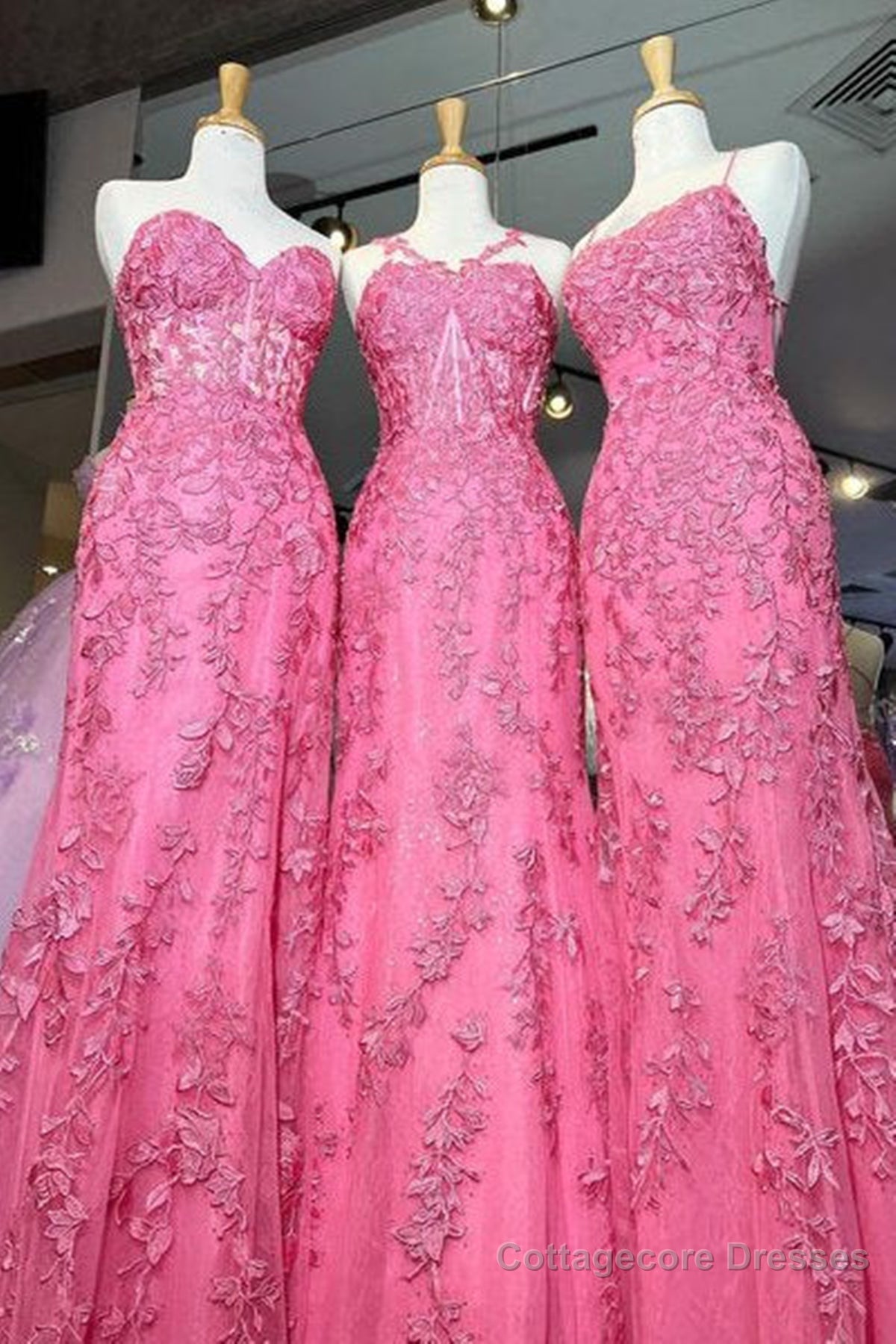 Mermaid Hot Pink Lace Long Prom Dress, Long Hot Pink Formal Graduation Evening Dress