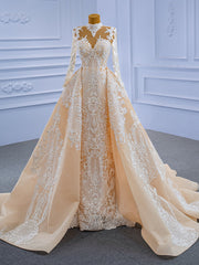 Mermaid Lace High Neck Long Sleeve Wedding Dresses With Detachable Train