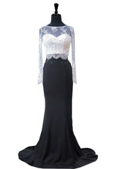 Mermaid Lace Long Sleeve Black And White Two Piece Prom Dress