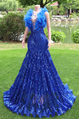 Mermaid Long Prom Dresses Sequin Royal Blue Evening Dresses Feather Sleeveless