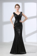 Mermaid Long V Neck Black Sequined Sheer Back Prom Dresses