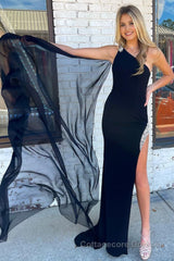 Mermaid One Shoulder Black Long Prom Dress with Split Front