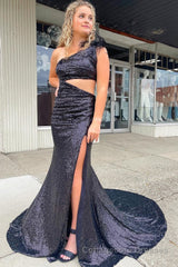 Mermaid One Shoulder Cut Out Black Sequins Long Prom Dress