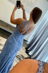 Mermaid One Shoulder Lace Long Prom Dresses with Slit