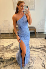 Mermaid One Shoulder Lace Long Prom Dresses with Slit