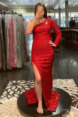 Mermaid One Shoulder Red Sequins Long Prom Dress with Silt