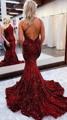 Mermaid One Shoulder Sequins Backless Prom Dresses