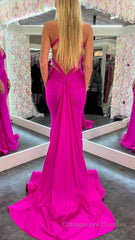 Mermaid Pink V Neck Backless Satin Long Prom Dress