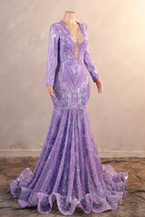 Mermaid Prom Dresses High Neck Long Sleeve Purple Sparkly Sequin Mermaid Long Evening Dresses