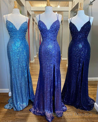 Mermaid Purple Sequins Long Prom Dress with Slit,Navy Blue Evening Party Gowns