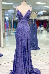 Mermaid Purple Sequins Long Prom Dress with Slit,Navy Blue Evening Party Gowns