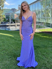 Mermaid Purple V-Neck Long Prom Dresses