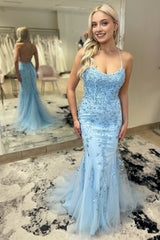 Mermaid Scoop Appliqued Prom Dresses with Lace up Back