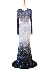 Mermaid Scoop Long Sleeve Beaded Crystals Floor Length Prom Dresses