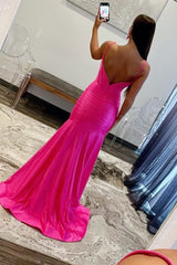 Mermaid Scoop Neck Satin Prom Dresses with Slit